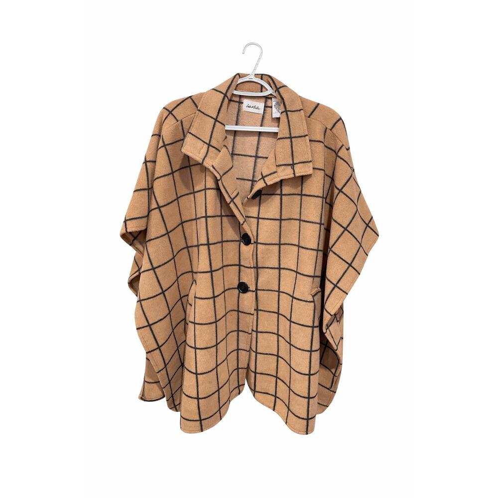 Le Mode Camel Windowpane Grid Poncho Oversized 3-Button Minimal Chic Old Money